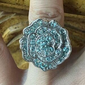Natural Blue Apatite Moissanite Sterling Silver Artistic Rose Ring Size 7